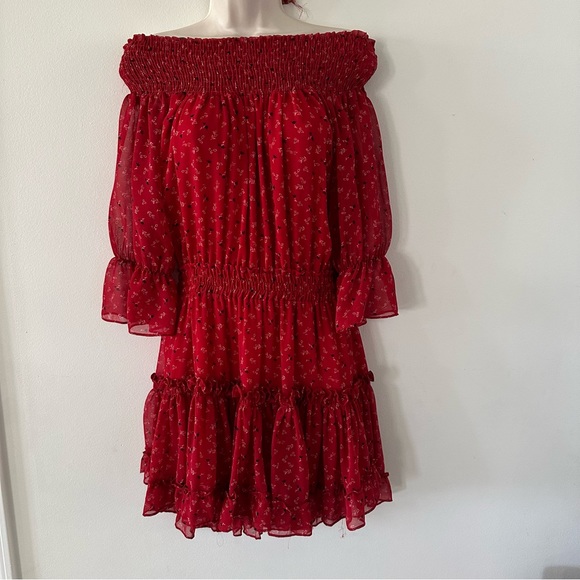 Misa Los Angeles Darla Red Floral Off Shoulder Tiered Ruffle Mini Dress L (JJ) - Picture 2 of 7